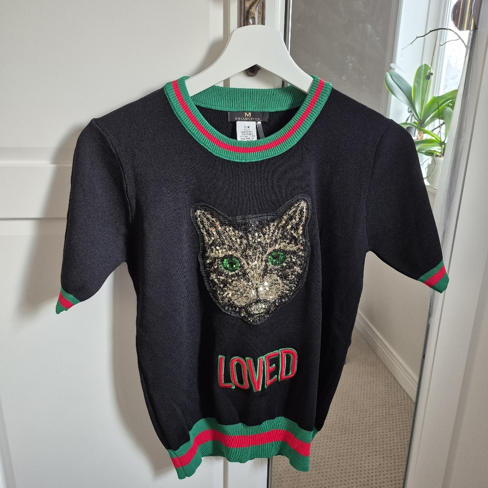 Sparkly Cat Short Sleeve Top By M Collection Fits XS/S